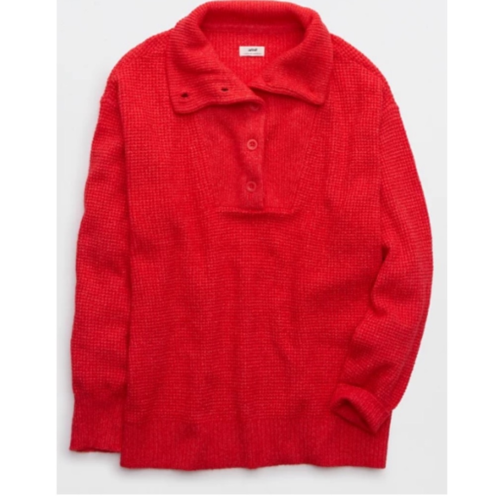 Red Button-Neck Women's Sweater
